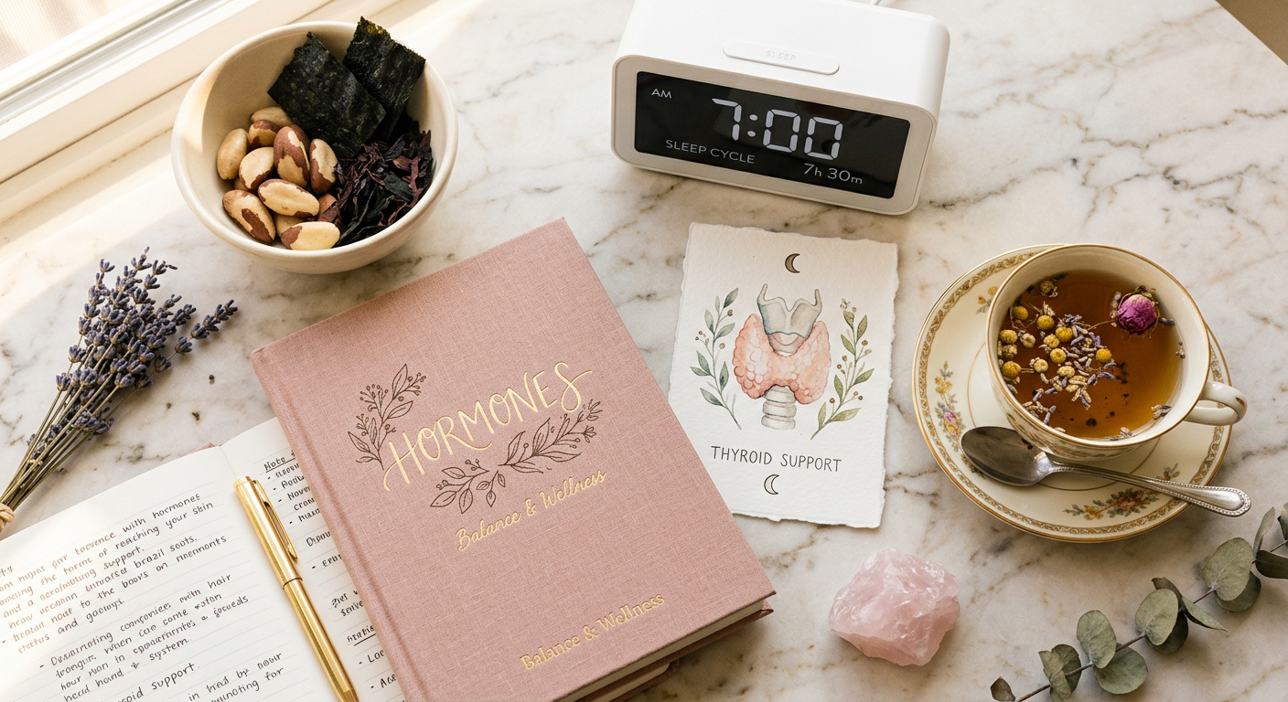 Натюрморт с травяным чаем, орехами, водорослями и блокнотом на мраморном столе — символы гормонального баланса