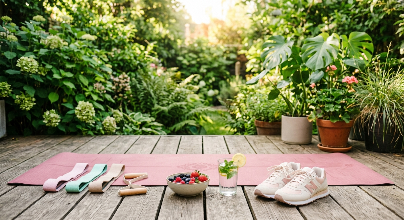 Коврик для йоги на деревянной террасе с кроссовками, свежими ягодами и резинками для фитнеса