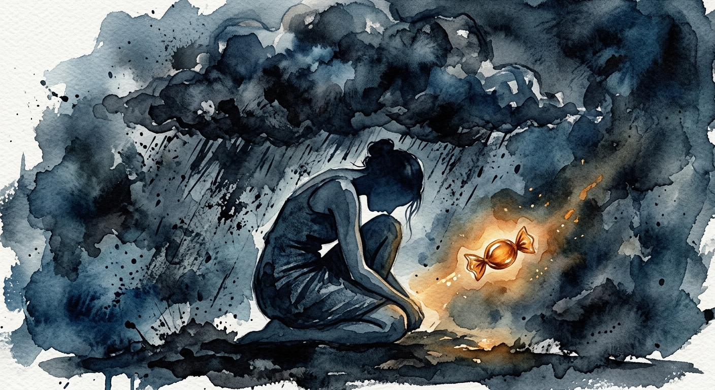 Акварельная иллюстрация: женщина под стрессом тянется к сладкому как к утешению