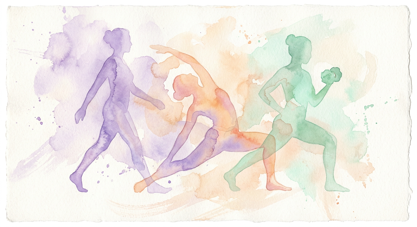 Акварельная иллюстрация — виды спорта и физической активности для женщин в период менопаузы