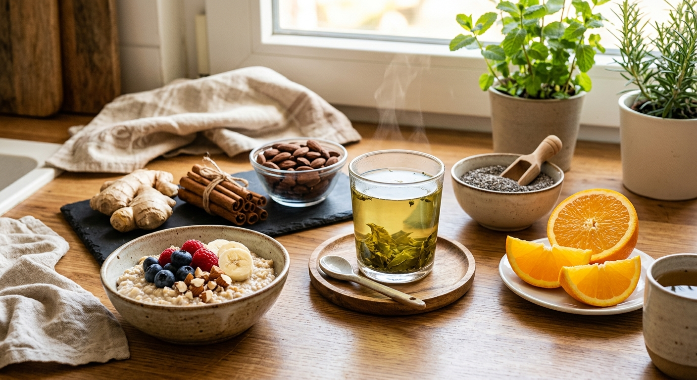 Продукты для ускорения метаболизма после 45 лет — имбирь, зелёный чай, овсянка и ягоды